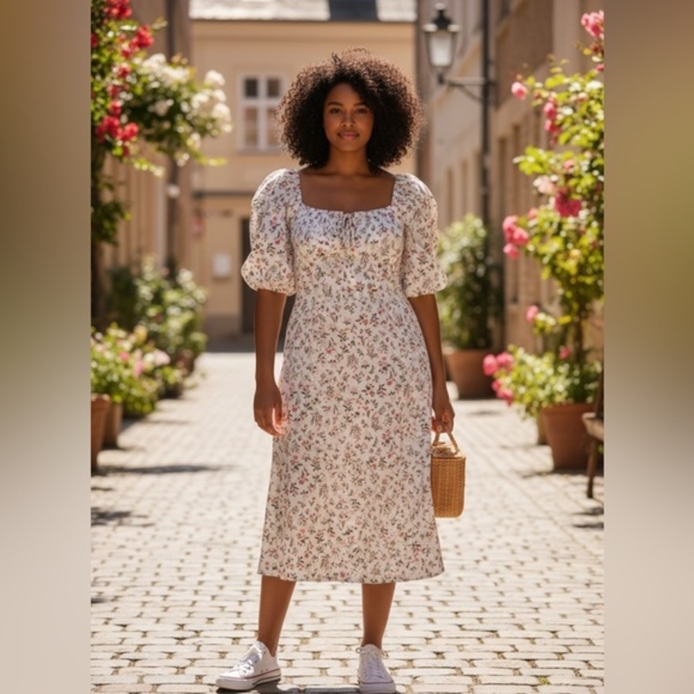Old Navy Women’s Size XL Cottagecore Floral Midi Dress with Boho Puff Sleeves